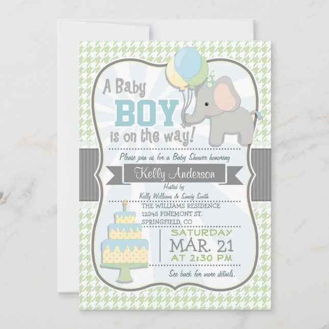 Baby Boy Elephant, Pastel Baby Shower Invite (Front)