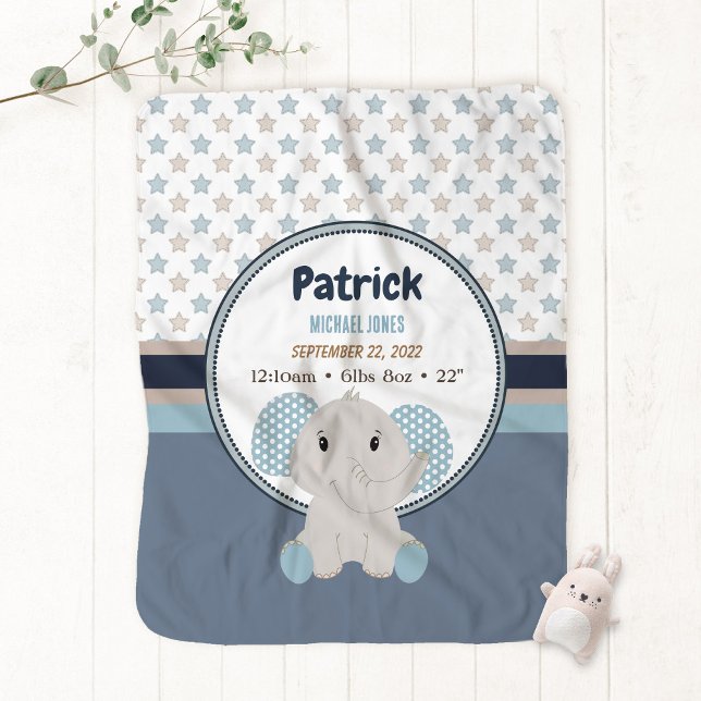 Baby Boy Elephant Personalized Name Birth Stats Ba Blanket (Creator Uploaded)