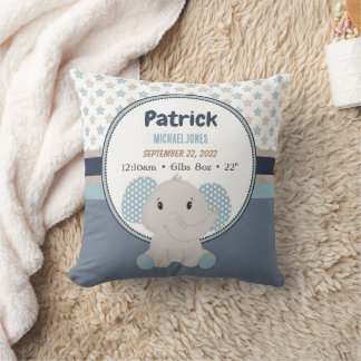 Baby Boy Elephant Personalized Name Birth Stats Throw Pillow