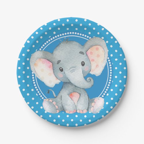 Baby Boy Elephant Polka Dot Shower Paper Plates