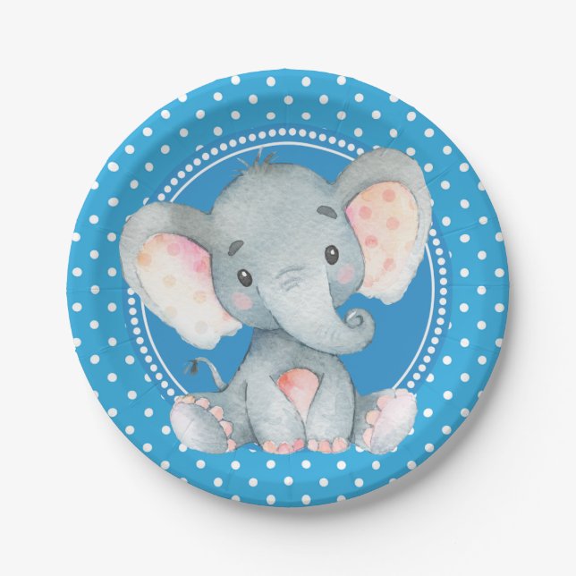 Baby Boy Elephant Polka Dot Shower Paper Plates (Front)