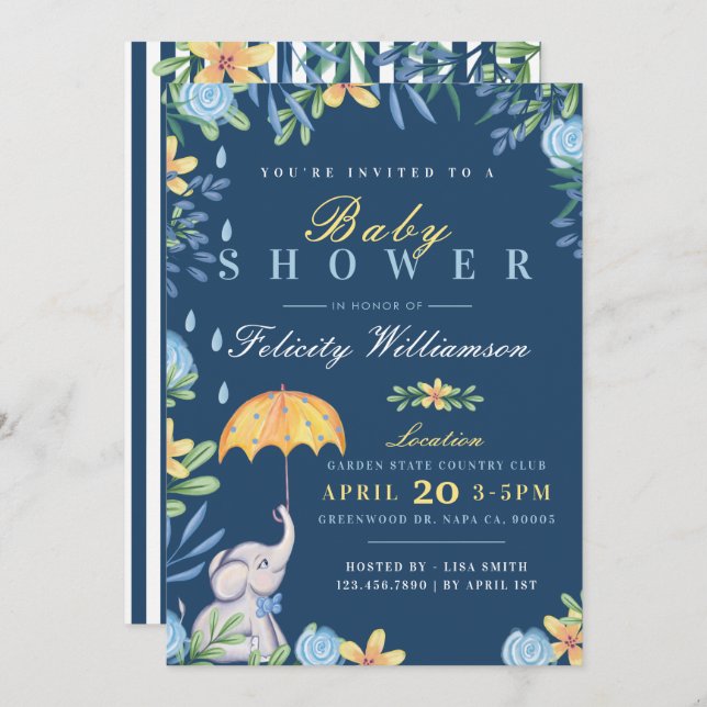 Baby Boy Elephant Umbrella Baby Shower Invitation (Front/Back)