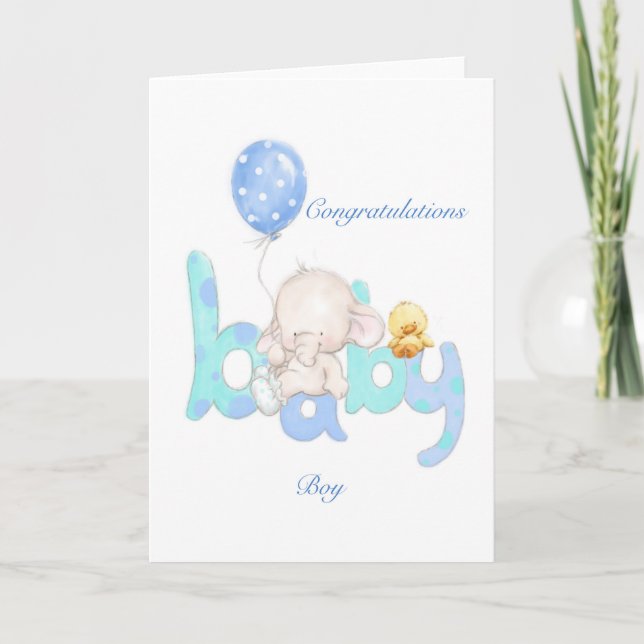 Baby boy elephant with ballon, congratulation card (Front)