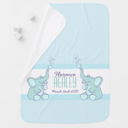 Baby boy elephants aqua blue stripe name birth baby blanket