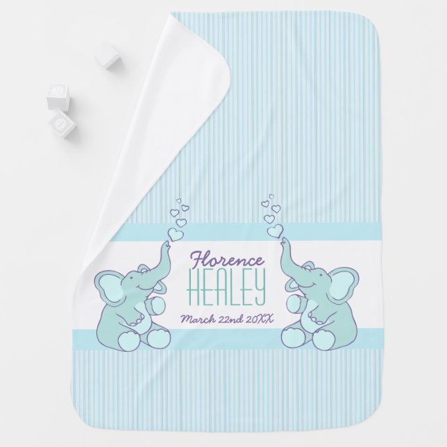 Baby boy elephants aqua blue stripe name birth baby blanket (In Situ)