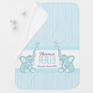 Baby boy elephants aqua blue stripe name birth blanket