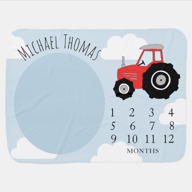 Baby Boy Farm Tractor & Name Monthly Milestone Baby Blanket (Horizontal)