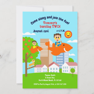 Baby boy fies with dad second birthday party   invitation