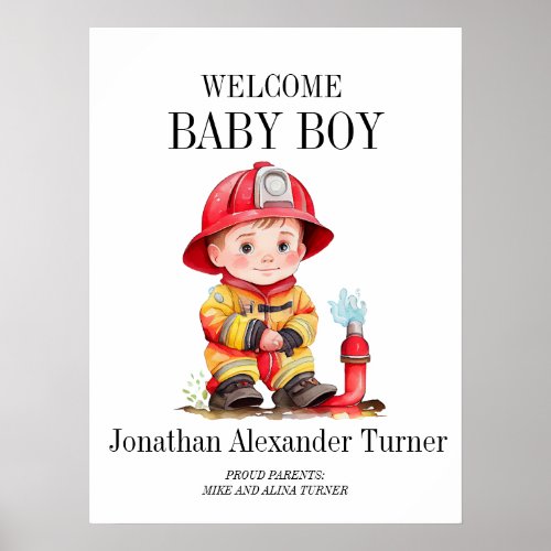 Baby Boy Firefighter Welcome Hospital Door Poster