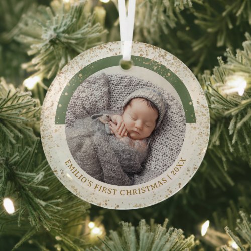 Baby Boy First 1st Christmas Milestone Photo Chic Glass Ornament