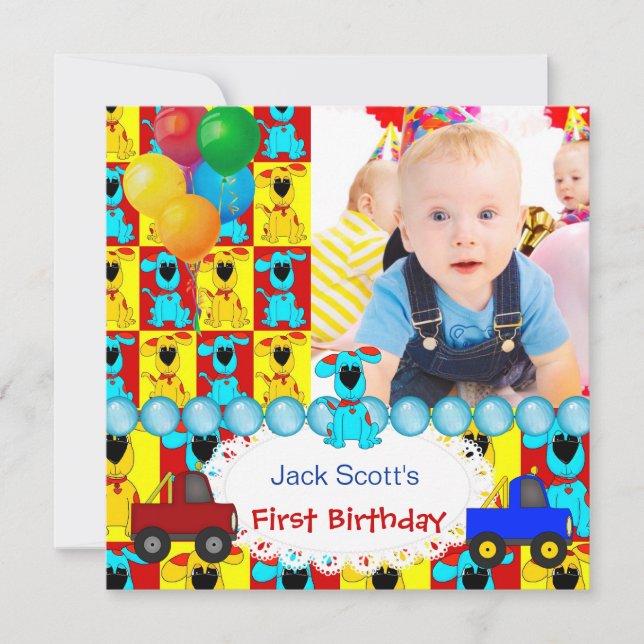 Baby Boy First Birthday 1st Colorful Puppy dogs Invitation (Front)