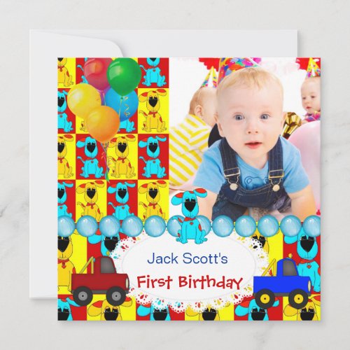 Baby Boy First Birthday 1st Colorful Puppy dogs Invitation