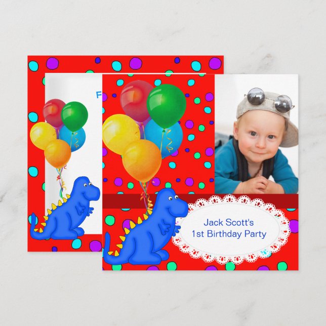 Baby Boy First Birthday 1st Dinosaur Invitation (Front/Back)