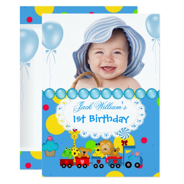 Baby Boy First Birthday 1st Train Blue Invitation