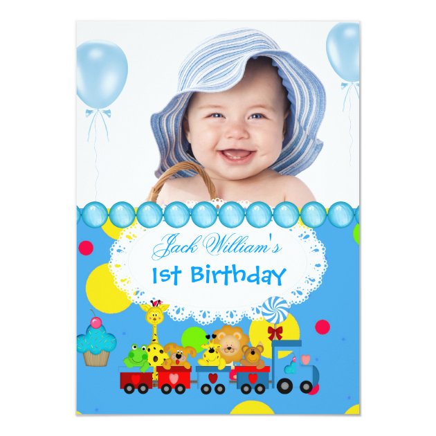 Baby Boy First Birthday 1st Train Blue Invitation