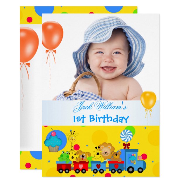 Baby Boy First Birthday 1st Train Blue Yellow Invitation