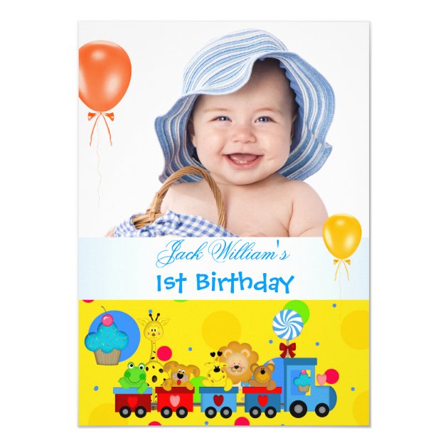 Baby Boy First Birthday 1st Train Blue Yellow Invitation