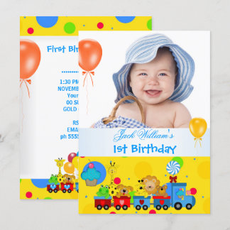 Baby Boy First Birthday 1st Train Blue Yellow Invitation