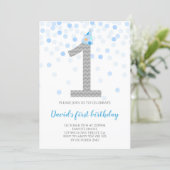 Baby Boy First Birthday Blue Confetti Boy Party Invitation (Standing Front)