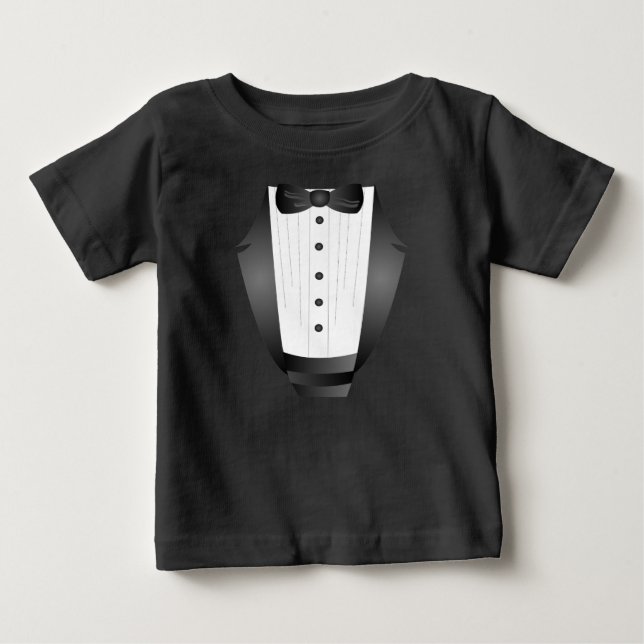baby Boy First Birthday Bow Tie Black Tuxedo Baby T-Shirt (Front)