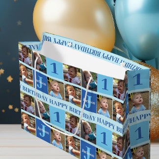 Baby Boy First Birthday Cute Blue Photo Collage Large Gift Bag