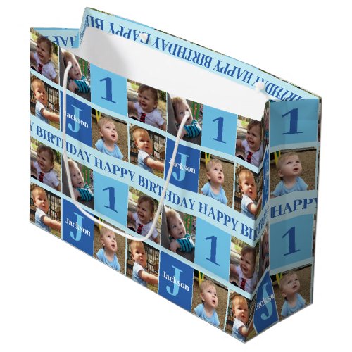 Baby Boy First Birthday Cute Blue Photo Collage Large Gift Bag