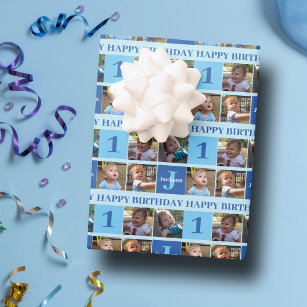 Baby Boy First Birthday Cute Photo Collage Blue Wrapping Paper Sheets