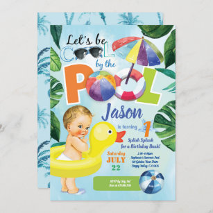 Baby boy first birthday pool party tropical invitation