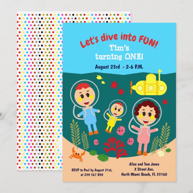 Baby boy first birthday summer party invitation (Front/Back)