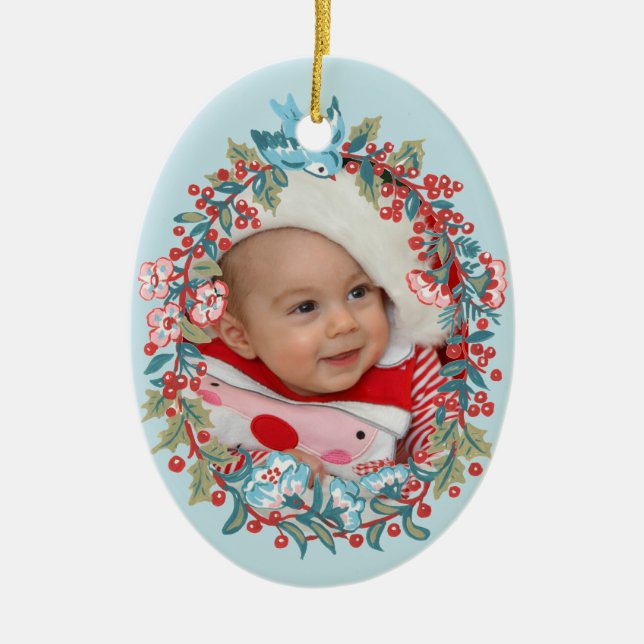 Baby Boy First Christmas 1st Cute Pastel Blue Ceramic Ornament (Front)
