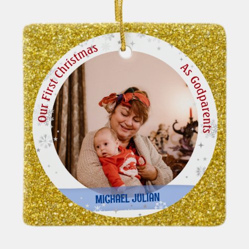 Baby Boy First Christmas As Godparents 2 Photos Ceramic Ornament