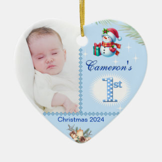 Baby Boy First Christmas Custom Photo Heart Gift Ceramic Ornament