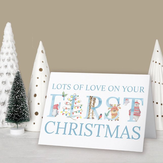 Baby Boy First Christmas Cute Animals Personalized Holiday Card (Baby Boy 1st Christmas Card. Buy professionally printed or as a printable digital download.)