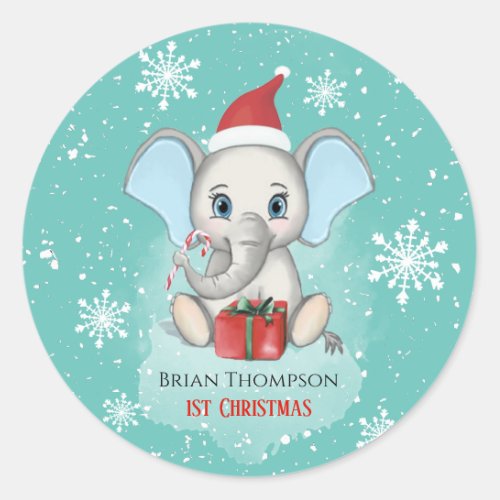 Baby Boy First Christmas Cute Elephant Holidays Classic Round Sticker