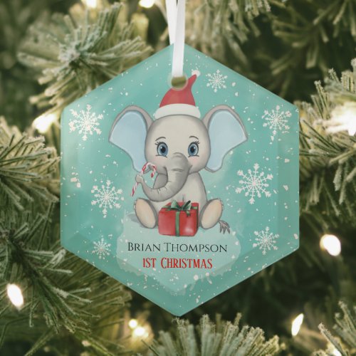 Baby Boy First Christmas Cute Elephant Holidays Glass Ornament