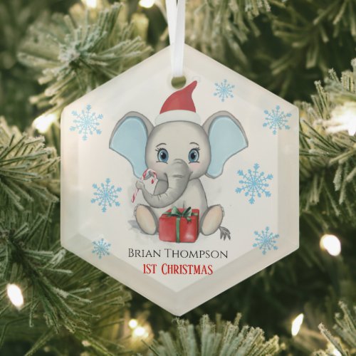 Baby Boy First Christmas Cute Elephant Holidays Glass Ornament