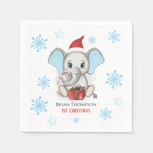 Baby Boy First Christmas Cute Elephant Holidays Napkins (Front)