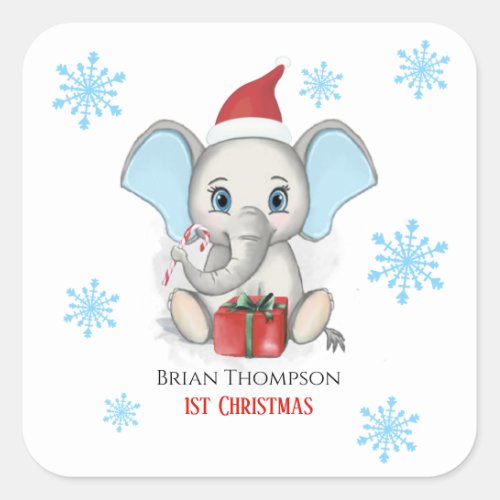 Baby Boy First Christmas Cute Elephant Holidays Square Sticker