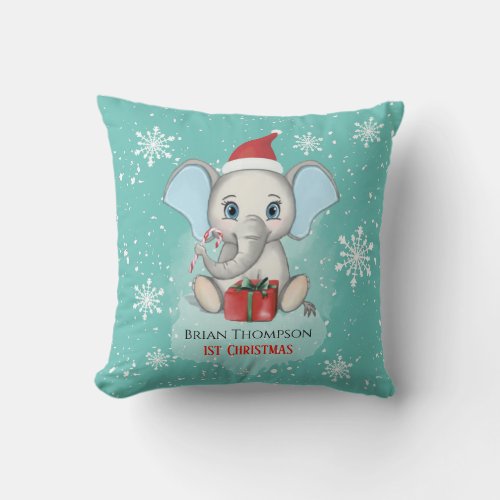 Baby Boy First Christmas Cute Elephant Holidays Throw Pillow