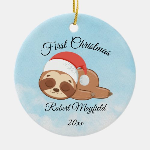 Baby Boy First Christmas Cute Sloths 2023 Ceramic Ornament