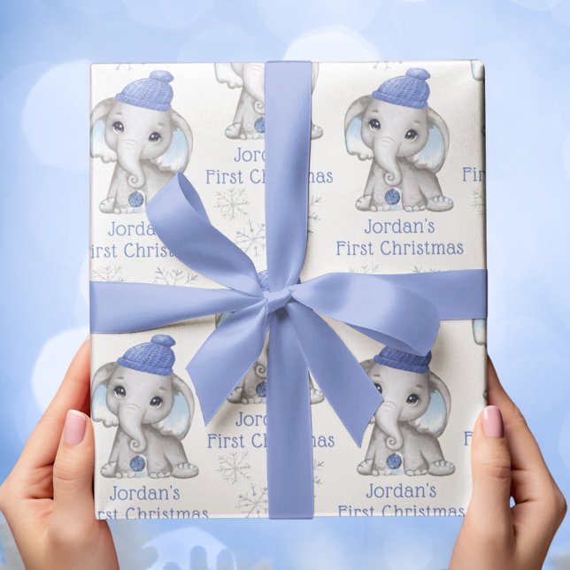 Baby Boy First Christmas Elephant Blue Snow Name Wrapping Paper Sheets (Creator Uploaded)