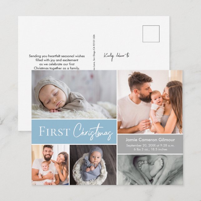 Baby Boy First Christmas Family Photos Blue Postcard (Front/Back)