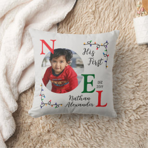 Baby Boy First Christmas Festive First Noel Photo Throw Pillow