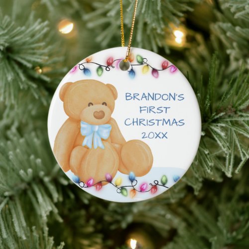 Baby Boy First Christmas Lights Teddy Bear Photo Ceramic Ornament