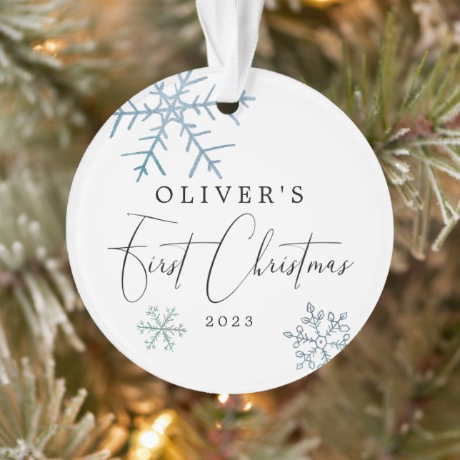 Baby Boy First Christmas Modern Script Photo Ornament (Tree)