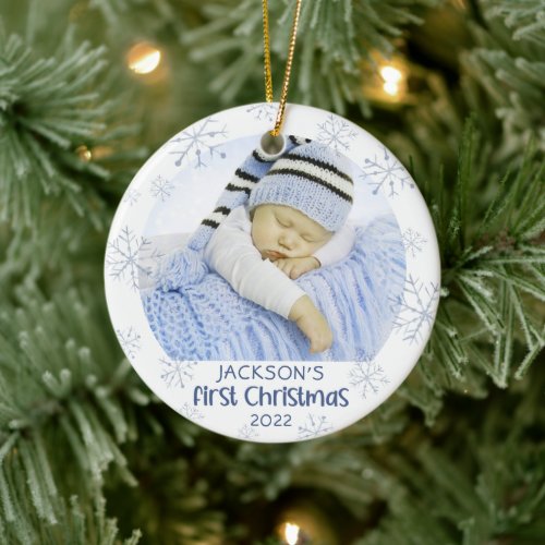 Baby Boy First Christmas Photo Blue Snowflake Name Ceramic Ornament