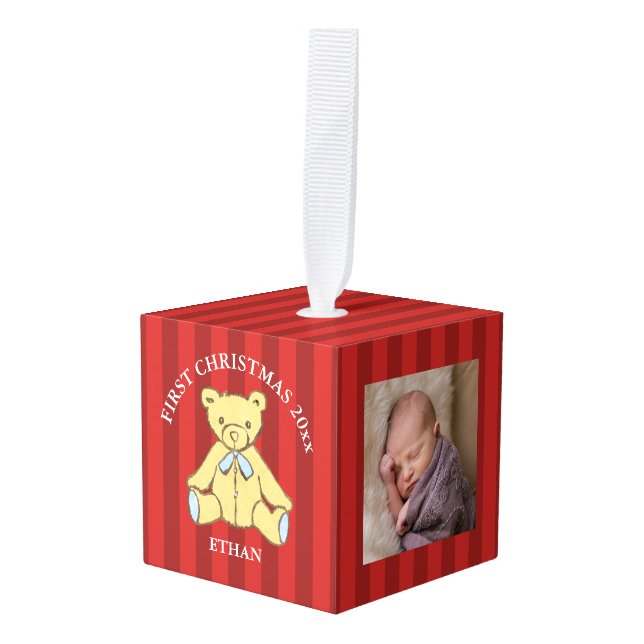Baby Boy First Christmas Photo Cube Ornament (Front Angled)