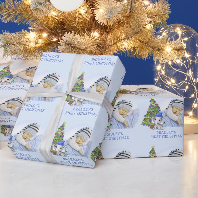 Baby Boy First Christmas Photo Cute Elephant Wrapping Paper (Holidays)