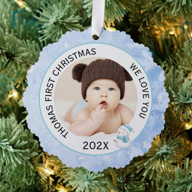 Baby Boy First Christmas Photo Icy Blue  Ornament Card (Insitu (Tree))