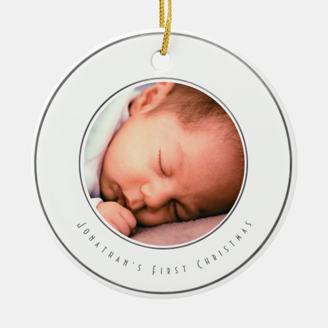 Baby Boy First Christmas Photo | Silver Snowflake Ceramic Ornament (Front)
